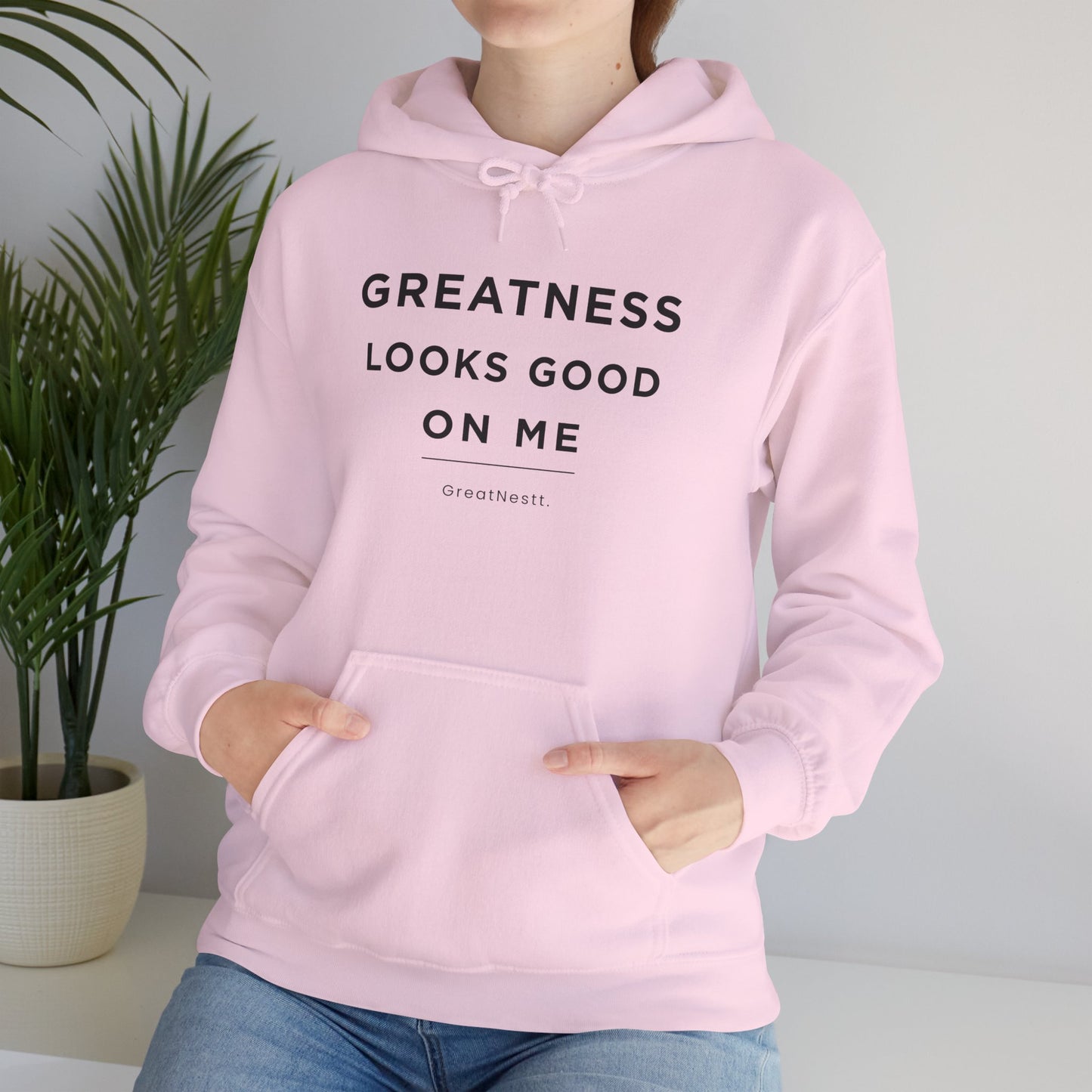 Hoodie — "Greatness Looks Good on Me" Minimal Motivational Pullover