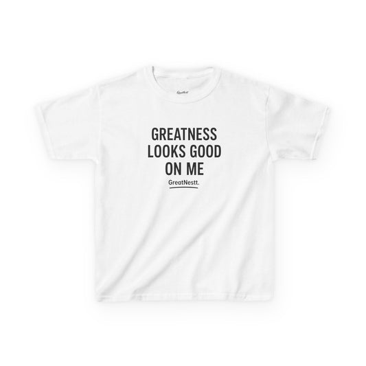 Kids T-Shirt — "Greatness Looks Good On Me" Motivational Tee for Boys & Girls