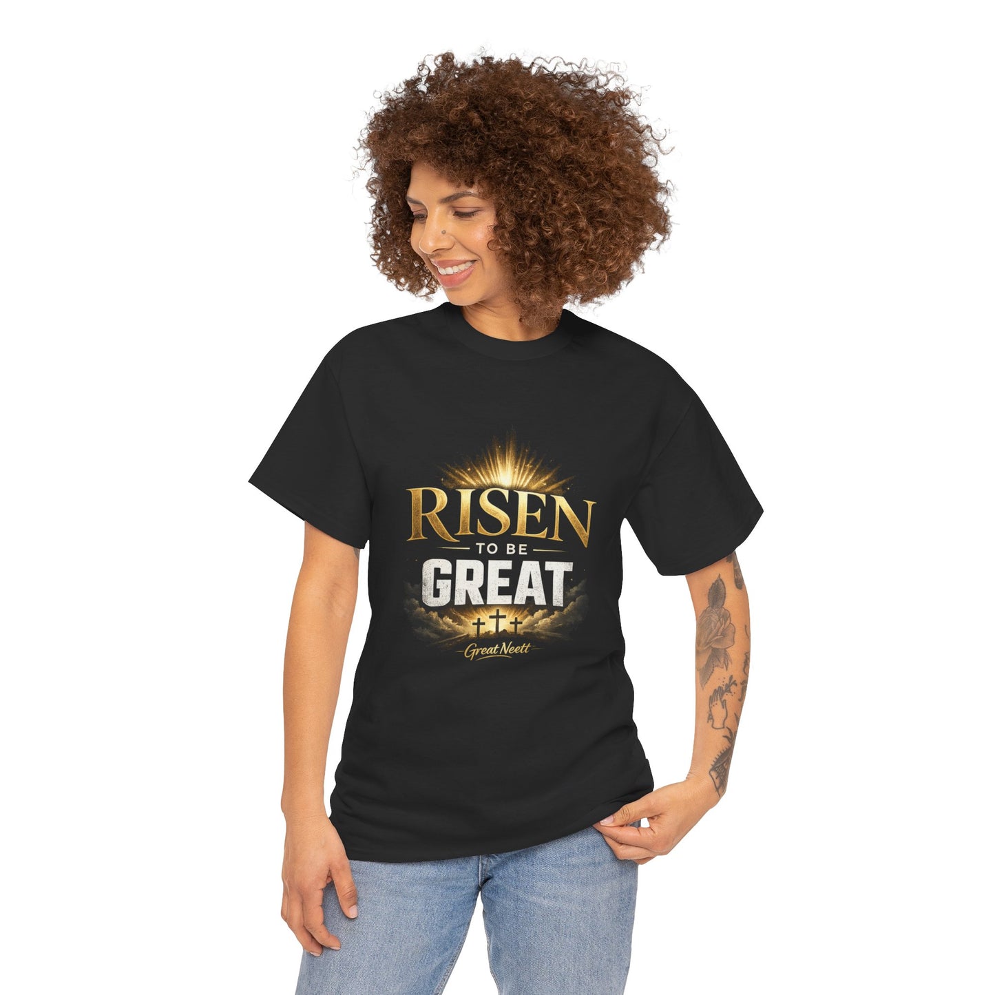 Risen to Be Great T-Shirt – Inspirational Christian Tee with Crosses and Sunrise
