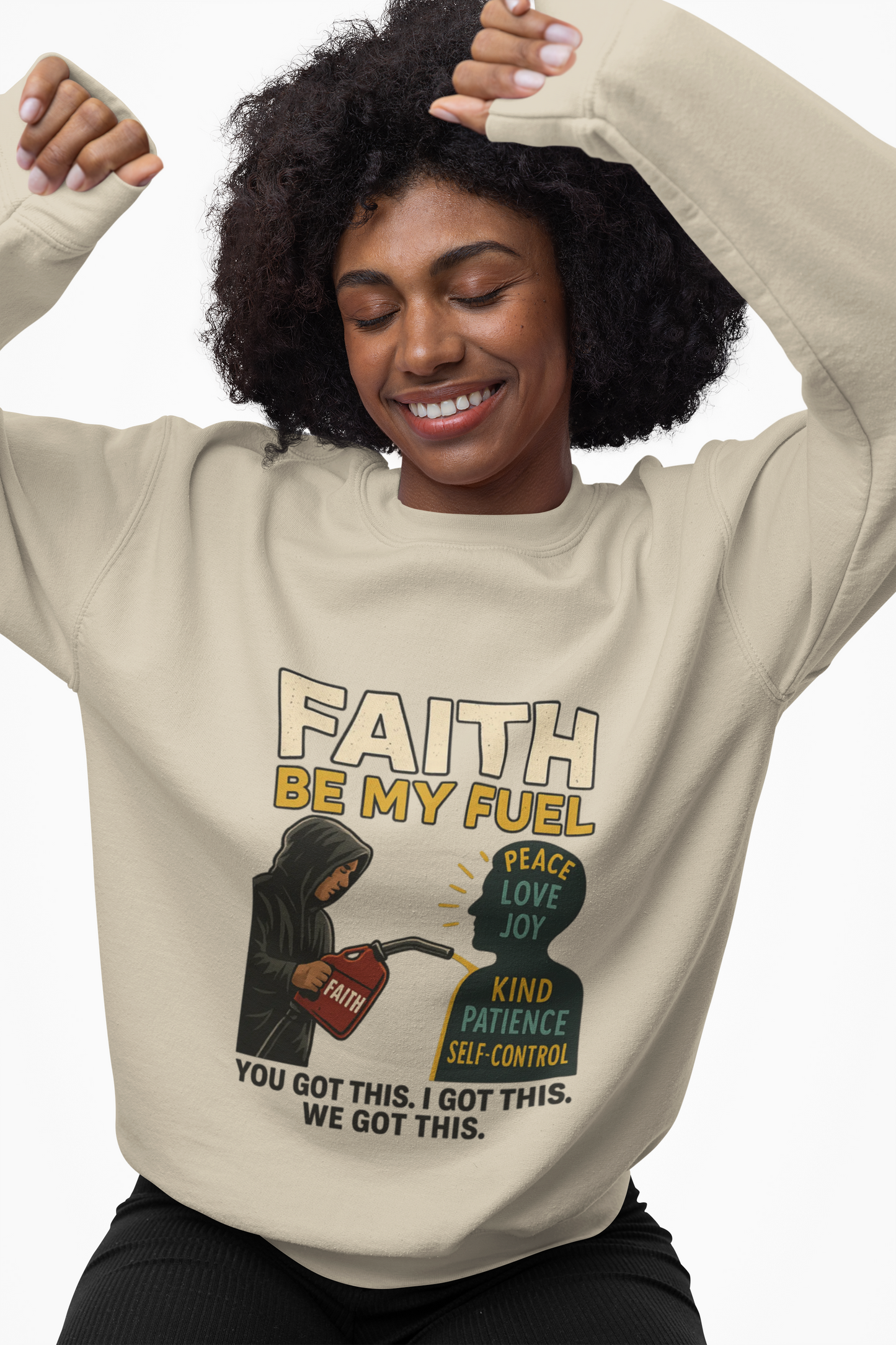 Faith Be My Fuel Sweatshirt — Inspirational Christian Crewneck (Peace, Love, Joy)