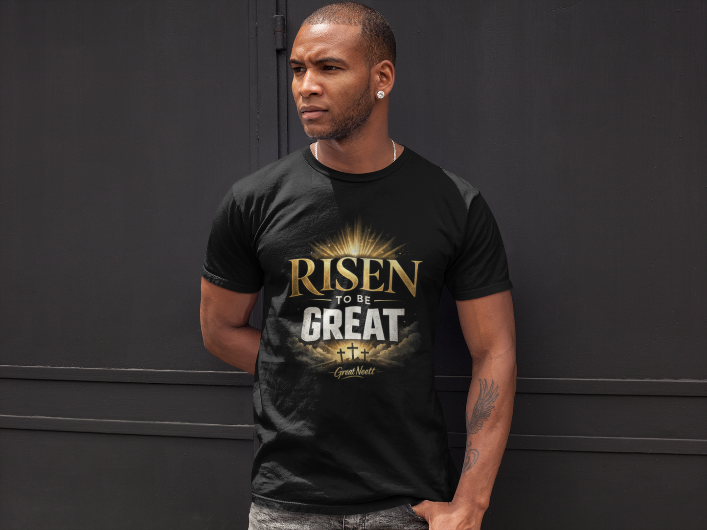 Risen to Be Great T-Shirt – Inspirational Christian Tee with Crosses and Sunrise