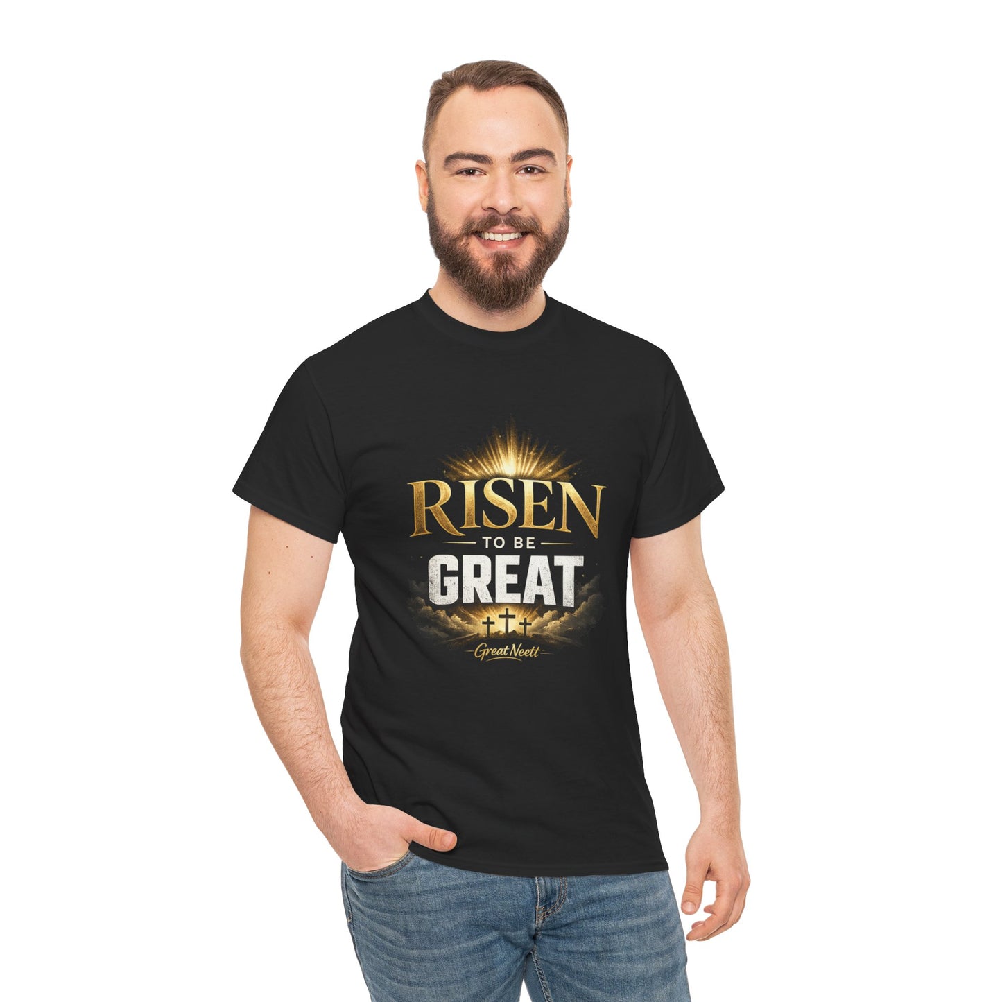Risen to Be Great T-Shirt – Inspirational Christian Tee with Crosses and Sunrise